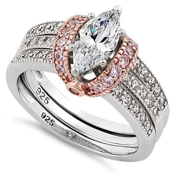 Sterling Silver Two-tone Rose Gold Clear Marquise CZ Ring Set - Picture 1 of 8